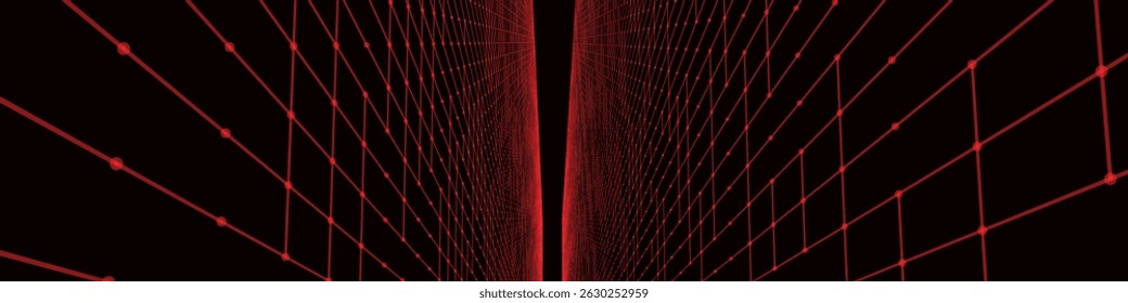 Futuristic colorful perspective grid. Abstract wireframe with red grid on dark background. Virtual landscape in digital style of 80s 90s. Simple perspective grid for design. 3D vector illustration.
