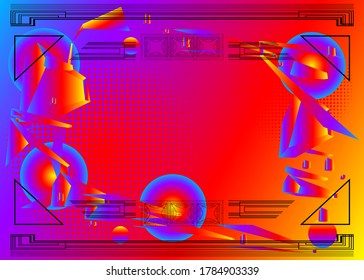 Futuristic colorful retro style background design. Abstract gradient shapes composition with vintage frame. Luxury design posters.