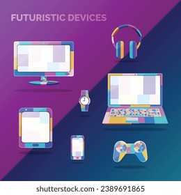 Futuristic colourful electronics devices, set of monitor, laptop, tablet, smartphone, headphone, gaming controller, watch