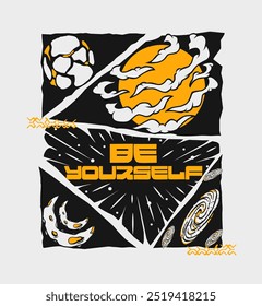 Futuristic  comic shirt and poster design with, Techno style print for street wear, print for t-shirts and sweatshirts isolated on a black background