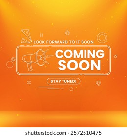 Futuristic coming soon design featuring megaphone and studio lighting effects on abstract background