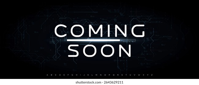 Futuristic Coming Soon Text with Glowing Light Effect on Dark Background, Perfect for Tech Projects, Websites, or Trailers. Stylish Modern Typography. Vector Illustration.