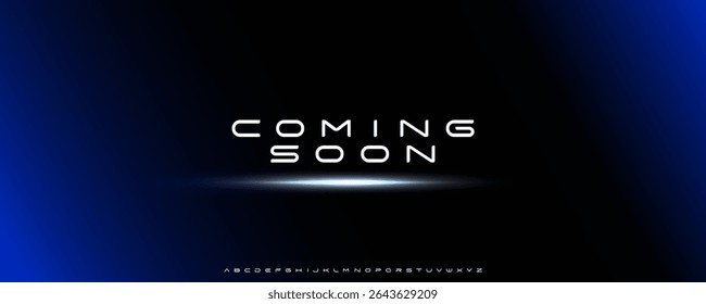 Futuristic Coming Soon Typography with Clean Sci-Fi Font and Blue Light Gradient Glow on Dark Background, Perfect for Tech Products, Apps, Forum and Conference, Launch Screens. Vector Illustration