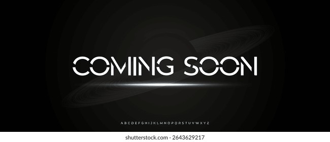 Futuristic Coming Soon Typography with Saturn Planet Rings, Ideal for Movie Trailers, Tech Forums, or Design Conferences. Modern Robotic Space Alphabet. Vector Illustration.