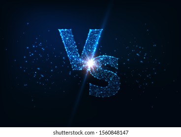 Futuristic competition concept with glowing low polygonal letters VS made of lines, dots, light particles, stars isolated on dark blue background. Modern wire frame mesh design vector illustration.