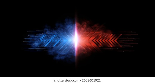 A futuristic composition with blue and red hands facing each other, combined with a luminous central flash and digital movement elements.