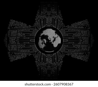 A futuristic composition in cyberpunk style. The globe in the center is connected to an abstract circuit board, symbolizing the digitalization of the world and the technologies that govern the planet.