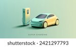 Futuristic composition of Electric Vehicle at charging station 3d render illustration. Modern SUV car illustration and power station to recharge