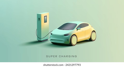 Futuristic composition of Electric Vehicle at charging station 3d render illustration. Modern SUV car illustration and power station to recharge