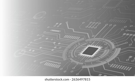 Futuristic computer microchip on digital circuit board technological backdrop