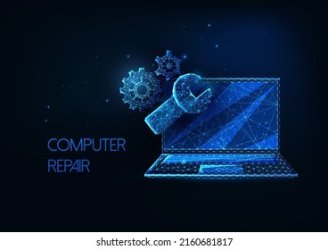 Futuristic Computer Repair Service Concept With Glowing Laptop, Wrench And Gears, Cog Wheels 