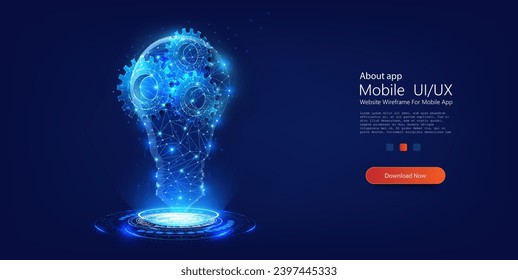 Futuristic Concept Art of Digital Brain with Cogwheels - Innovation and Intelligence Theme. Wireframe light connection structure. Vector illustration