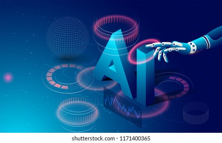 Futuristic concept for artificial intelligence and virtual world. Robotic hand clicking, isometric text AI on digital structure display background.