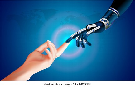 Futuristic concept for artificial intelligence and virtual world. Robotic hand and human hand connecting in a virtual space display.