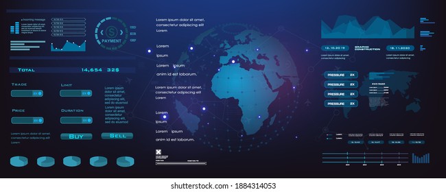 Futuristic concept banner with earth globe. Innovative user interface with HUD elements. World Internet technologies and communications. Planet data with description and HUD style diagrams