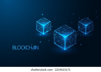 Futuristic concept of blockchain technology in glowing low polygonal style on dark blue background. Isometric cubes block connections, metaverse world. Modern abstract design vector illustration.