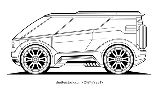 Futuristic concept car line art illustration, sleek angular design with large wheels, side profile, ideal for coloring, automotive enthusiasts, digital art enthusiasts. Isolated on white background