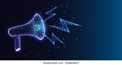 Futuristic concept of commercial, advertisement with megaphone and lightnings symbols on dark blue