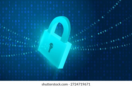 Um conceito futurista de segurança cibernética com um cadeado azul brilhante que protege os dados digitais. Ilustra criptografia, privacidade e segurança de rede em um plano de fundo de código binário.
