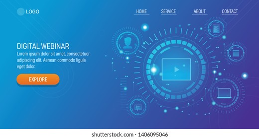 Futuristic concept of Digital Webinar, Online Event, Virtual Seminar, Web cast technology, vector illustration with icons and texts