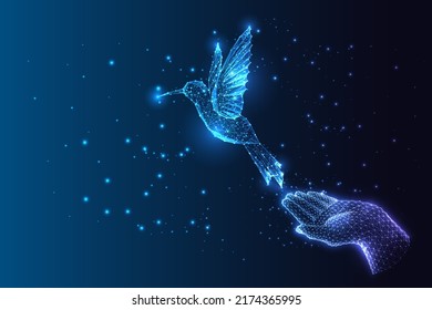 Futuristic concept of dream, hope, freedom, inspiration with hand and flying bird hummingbird 