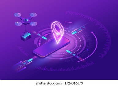 Futuristic concept with drone delivering parcel to smartphone with glowing GPS symbol, smart technology 3d isometric illustration illustration, contactless delivery service of global logistic company