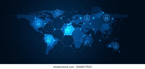 futuristic concept of global cybersecurity,Global network security with shields lock protection