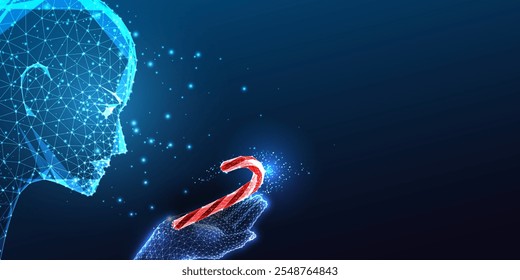 Futuristic concept with glowing AI silhouette holding digital candy cane on dark blue background. Modern Christmas theme, holiday spirit, and innovation. Glowing polygonal abstract vector illustration