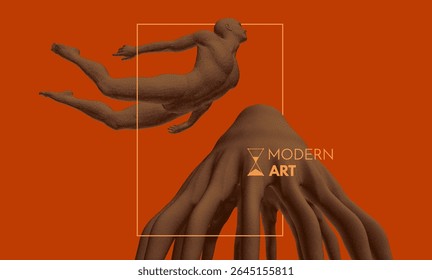 Um conceito futurista de contato humano com vida extraterrestre. Ficção científica. Alien com tâncoras. Modelo de corpo humano 3D composto de partículas. Modelo de design de capa. Arte moderna. Vetor ou design