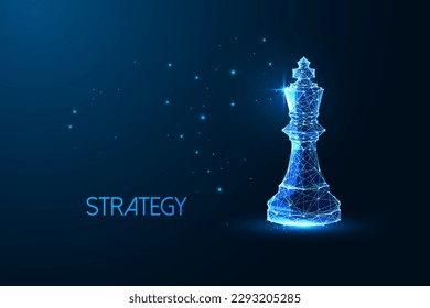 Futuristic concept of leadership, power, strategy, smart decisions making with glowing low polygonal King chess figure isolated on dark blue background. Modern abstract design vector illustration.