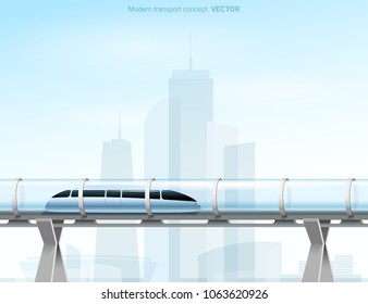 Futuristic concept of magnetic levitation train moving on the skyway in a vacuum tunnel across the city. Modern city transport. Hyperloop. Vector illustration