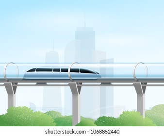 Futuristic concept of magnetic levitation train moving on the skyway in a vacuum tunnel above the park in the city. Modern city transport hyperloop. Vector illustration