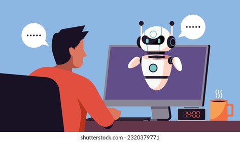 Futuristic concept, man talking with chatbot on computer screen, artificial intelligence robot assistant for online customer support, flat vector illustration