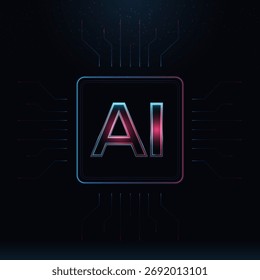 Futuristic concept of Neon AI microchip. Semiconductor technology vector illustration with Artificial Intelligence CPU