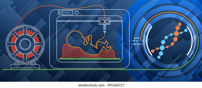 Futuristic concept. Print a human embryo on a 3D printer for DNA. Set illustration about 3d printing, 