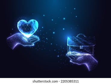 Futuristic concept of work passion, job motivation with hands holding business briefcase and heart