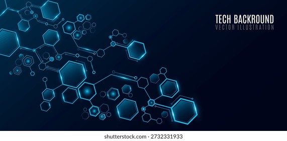 Futuristisch verbundene blaue Sechsecke mit Glüheffekt für Technologie- oder Wissenschafts-Hintergrund. Sechseckiges Muster für wissenschaftliche Forschungspräsentation oder UI-Design. Vektorgrafik.