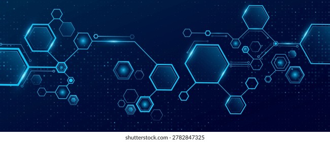 Futuristic connected blue hexagons with light effect and dots pattern for Technology or Science background. Hexagonal pattern for scientific research presentation or UI and GUI design. Vector.