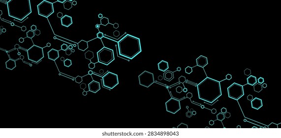 Futuristic connected cyan hexagons for Technology or Science background. Hexagonal pattern for scientific research presentation or cyber tech concept. Vector Illustration.