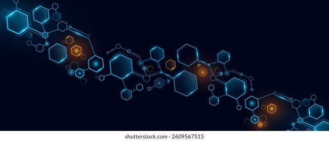 Futuristic connected hexagons with light effect on dark blue background. Modern technology backdrop. Cyber tech honeycombs pattern. Vector illustration. EPS 10