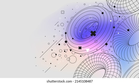 Futuristic connection structure lowpoly figures torus structure, Vector posters with strange wireframes of geometric shapes modern design inspired by brutalism