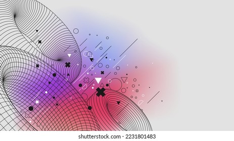 Futuristic connection structure lowpoly figures torus structure, Vector posters with strange wireframes of geometric shapes modern design inspired by brutalism