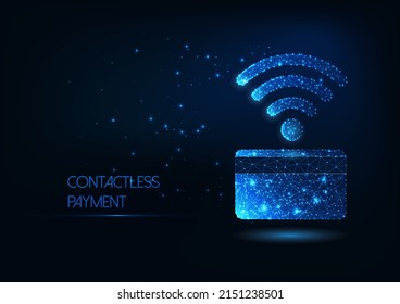 Futuristic contactless payment concept with glowing low polygonal credit card and wi fi symbol 
