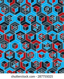 Futuristic continuous multicolored pattern, illusive motif abstract background with geometric figures. Colorful decorative seamless backdrop, can be used for design and textile.