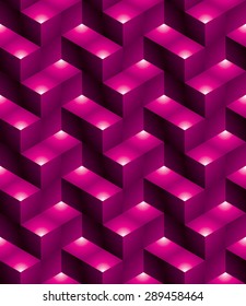 Futuristic continuous multicolored pattern, illusive motif abstract background with 3d geometric figures. Colorful decorative seamless backdrop, can be used for design and textile.