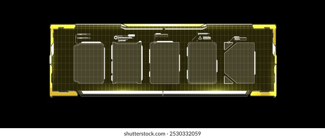 Futuristic control panel design with glowing elements in a sleek black background showcasing empty screens for data display.