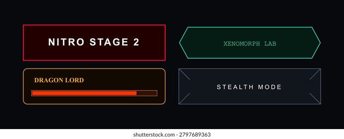 Futuristic control panel with sci fi game elements like nitro stage, dragon lord power bar, xenomorph lab, and stealth mode.