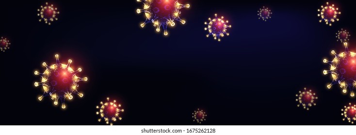 Futuristic Corona virus  web banner template with glowing low polygonal yellow and red virus cells on dark purple background. Virus pandemic alert. Modern wire frame mesh design vector