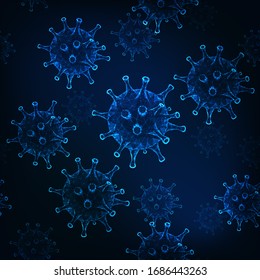 Futuristic Coronavirus 2019-nCoV, Covid-19 seamless pattern with glowing low polygonal virus cells on dark blue background. Virus pandemic alert. Modern wire frame mesh design vector illustration.