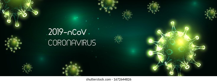 Futuristic Coronavirus 2019-nCoV, Covid-19 web banner template with glowing low polygonal virus cells on dark green background. Virus pandemic alert. Modern wire frame mesh design vector